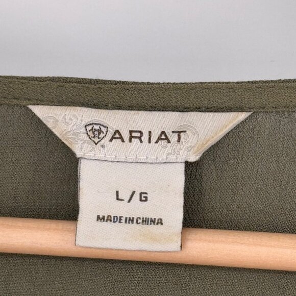 Ariat Olive Green V-Neck Blouse Lace Detail & Tie Front womens size Large - Picture 2 of 12